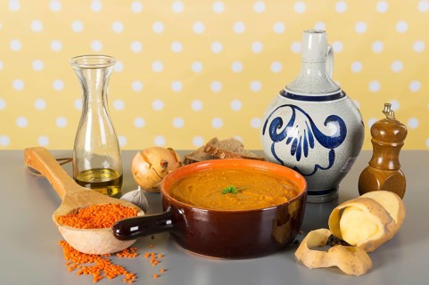 Home made vegetarian lentil soup with ingredients