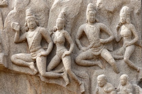 Descent of Ganga, bas-relief, detail, Detailed stone relief with dancing figures in dynamic pose,