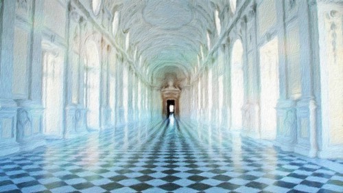 Creative illustration of Reggia di Venaria Reale gallery, Italy. Luxury marbles in baroque Royal