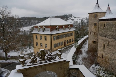 Medieval battlements at Comburg Castle, Benedictine monastery, Way of St James, Kocher Valley,