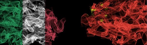 Flags of Italy and China on Black background, Italy vs China Smoke Flags