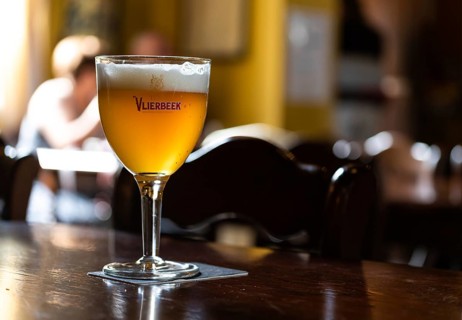 Kessel-Lo, Flemish Brabant Region, Belgium, 08 21 2022, Close up of an amber abbey beer called