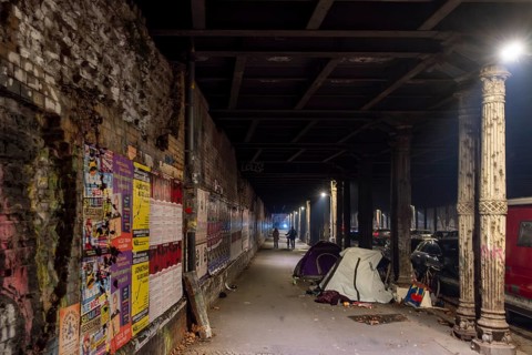 Germany, Berlin, 01.01.2025, New Year's Eve 2024, Gleimtunnel, tents of homeless people