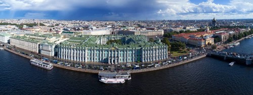 Aerial panorama of the Neva River, Hermitage, Winter Palace, Admiralty, the city center of St.