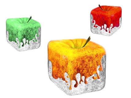 Three multicolored square apples over the white background