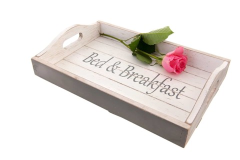 Wooden tray for bed and breakfast with pink rose