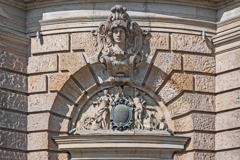 Figures above a window, Old Stock Exchange, Wilhelminian style building on Lenbachplatz, Munich,