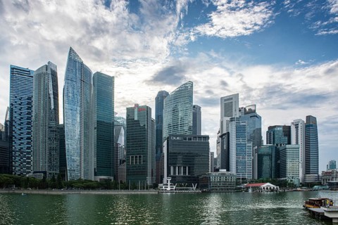 View over Marina Bay to skyscrapers, Singapore, Republic of Singapore