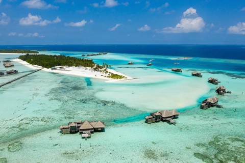 Aerial view of the holiday island of Lankanfushi, North Male Atoll, Indian Ocean, Maldives