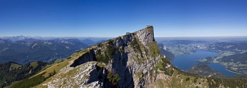 Panorama of the Schafberg from the Spinnerin with Lake Mondsee in the distance, Austria
