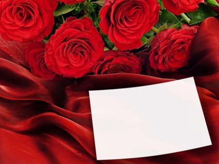 Red Roses With White Greeting Card At Vinous Fabric