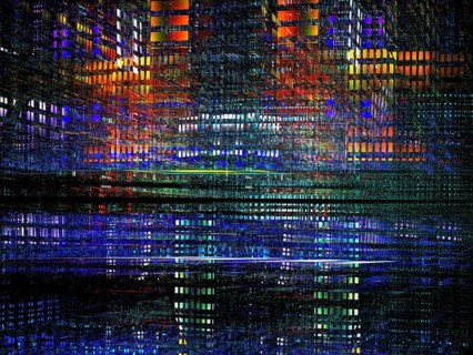 Virtual reality or sci-fi background. Street of surreal city. Bright colorful grid with perspective
