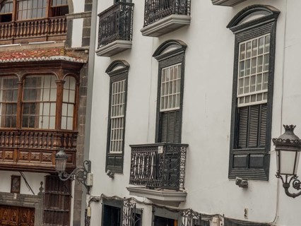 Street scene with historic buildings and balconies, la palma, canary islands, spain