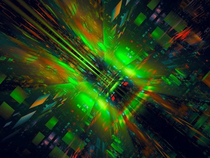 Abstract dark green computer-generated 3d illustration in tech style. Fractal art: glossy walls