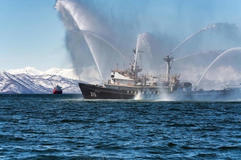 KAMCHATKA PENINSULA, RUSSIA, APR 27, 2019: Fire fighting and rescue ship of Pacific Fleet of Russia
