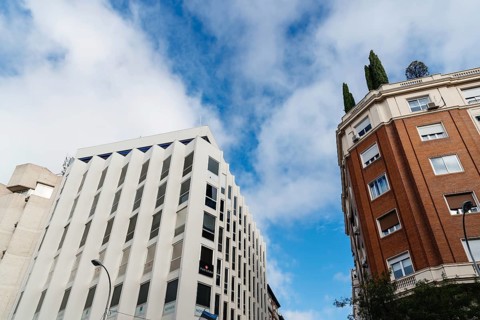 Madrid, Spain, November 2, 2019: Luxury residential and commercial buildings in Oertega y Gasset