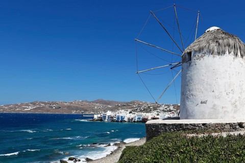 The little Venice behind the famous windmills of Mykonos, Greece