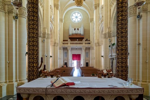 Gharb, Malta, 19 December, 2023: view of the altar and the central nave of the Ta'Pinu Sanctuary on