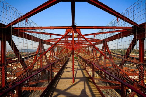 Pedestrian part of the magnificent Biscay Suspension Bridge in Portugalete European exotic. Bilbao.