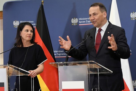 Polish Foreign Minister Radoslaw Sikorski at a joint press conference with his German counterpart,