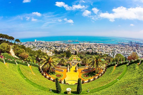 HAIFA, ISRAEL - MAY 6, 2017: Bahai World Center. View from Mount Carmel to the seaport of Haifa.