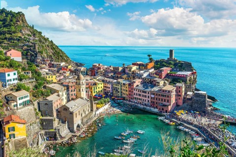 Vernazza, small italian town on the seashore, view from above