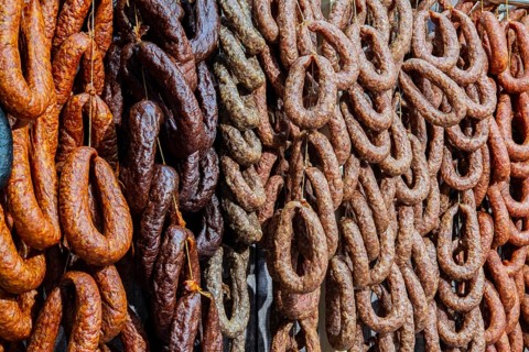 German sausage, sausage specialities, smoked sausage, smoked sausage, Berlin, Germany