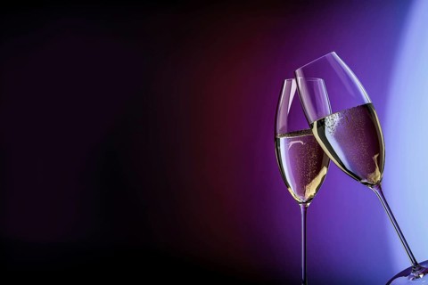 Champagne glasses happy birthday clink glasses background 3d illustration
