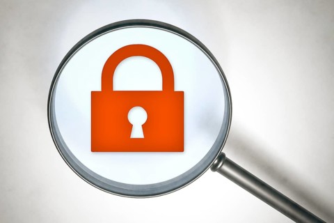 3d rendering of a magnifying glass and a lock sign
