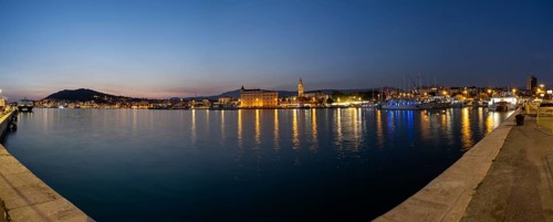 Split harbour, blue hour, panoramic shot, Split, Dalmatia, Croatia
