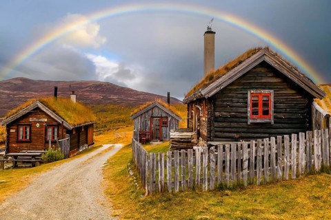 Old house with grass roof, weekend house, boathouse, rainbow, Viksfjorden, Norway Viksfjorden,
