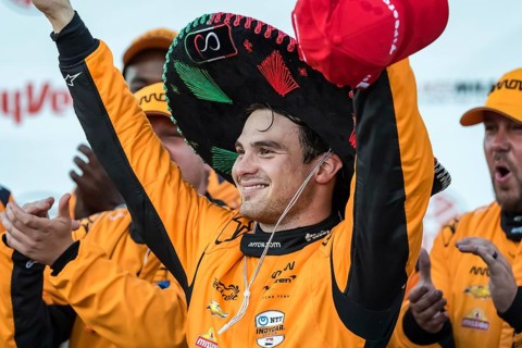 NTT INDYCAR SERIES PATO OWARD (5) (MEX) of Monterey, Mexico celebrates his win for the Hy-Vee