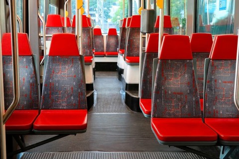 Interior of Helsinki tram, empty seats with no people. Helsinki, Finland. July 3, 2020