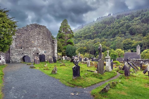 Cemetery with gravestones in Glendalough, Ireland