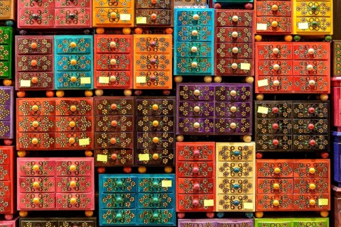 Small, colourful wooden crates at a market in Krakow, Poland