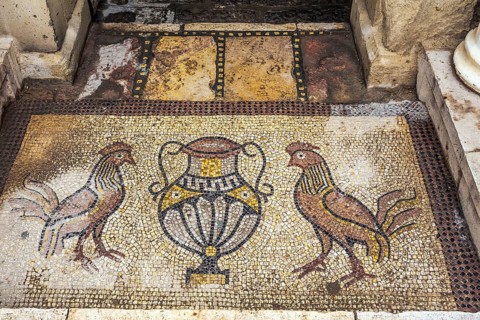 Monastery of Gerasim of Jordan. Picturesque mosaics adorn the entrance to the inner monastery