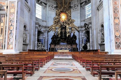 St Peter's Basilica, Vatican, Rome, Lazio, Italy, Europe, Large church with impressive altar and
