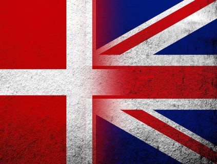 The Kingdom of Denmark National flag with National flag of United Kingdom, Great Britain. Grunge
