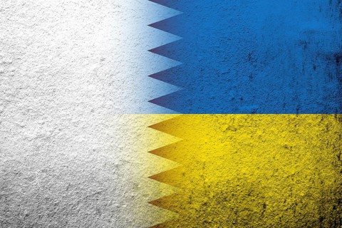 The State of Qatar National flag with National flag of Ukraine. Grunge background