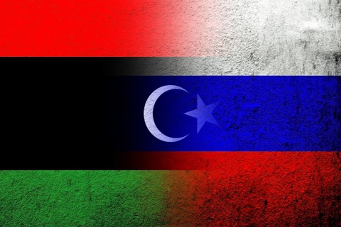 National flag of Russian Federation with The State of Libya National flag. Grunge background