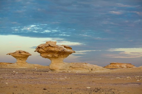 Sunset in the Libyan desert, white desert, limestone formations in the front, Farafra, Egypt
