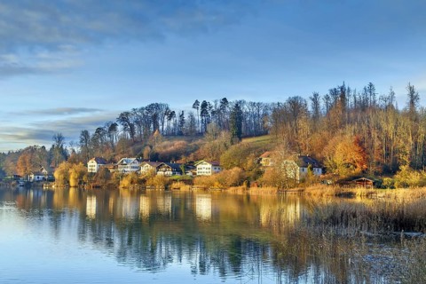 Houses by the Kloster see lake in Seeon-Seebruck, Germany