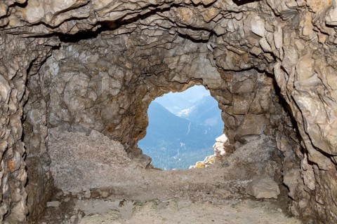 View out of a loophole of the Mount Lagazuoi tunnels, built during the First World War, the