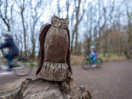 Wooden owl on a path in the haunted forest on the cliffs leading to the Baltic Sea, Nienhagen,