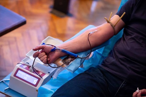 The hand of a man who donates blood. Male donor gives blood in a mobile blood donation center.