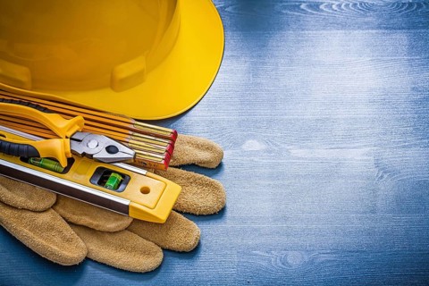 Set of pliers building helmet wooden meter protective gloves