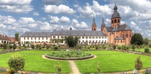 Panoramic view of the monastery and monastery garden of Seligenstadt, Hesse, Germany, Seligenstadt,