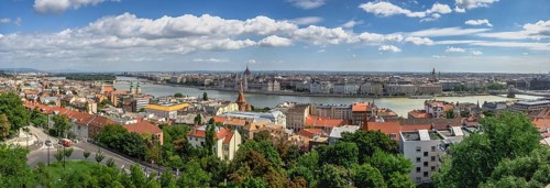 Budapest, Hungary 18.08.2021. Panoramic view of the Danube river and the embankment of Budapest,