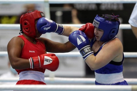 Sofia, Bulgaria - 26 February, 2021: Possantos Perejra (red) of Brazil and Nadezhda Ryabets of