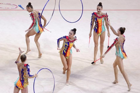 Sofia, Bulgaria - 27 March, 2021: Team Belarus perform during the 3 Hoops + 2 pairs of Clubs group